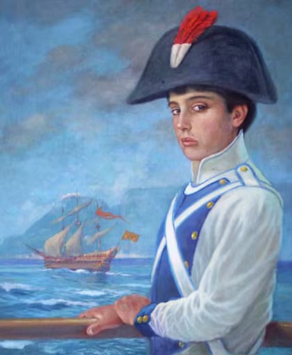 San Martín nació en Yapeyú, actual provincia de Corrientes, pero a los 8 años siguió a su familia a España, de donde era su padre; esta representación lo muestra a los 11 años, cuando ya era cadete del ejército español en el regimiento de Murcia