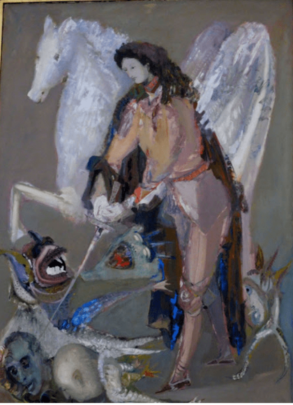 San Miguel Arcángel lucha contra dos demonios en una de las obras que pintó en Parroquia San Isidro Labrador; uno de ellos, decía, era Jorge Romero Brest