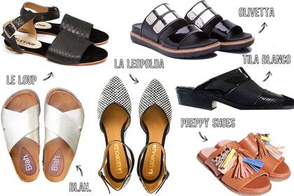 Sandalias de Le loup $920 / Sandalias de Olivetta $1540 / Sandalias de Blah. $800 / Chatitas de La leopolda $1490 / Zuecos de Tila Blanco $990 / Sandalias de Preppy shoes $1800