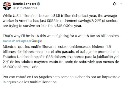 Sanders dijo que estará en Los Ángeles "luchando por un impuesto a la riqueza de los multimillonarios"