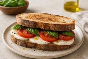 Sándwich de queso, tomate y albahaca