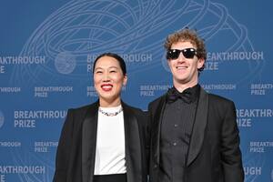 SANTA MONICA, CALIFORNIA - APRIL 05: Priscilla Chan and Mark Zuckerberg attend the 11th Breakthrough Prize Ceremony at Barker Hangar on April 05, 2025 in Santa Monica, California. (Photo by Axelle/Bauer-Griffin/FilmMagic)