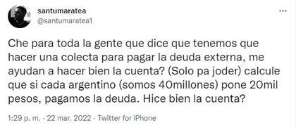 Santi Maratea le pidió ayuda a sus seguidores para sacar la cuenta de cuánto dinero debería poner cada argentino para pagar la deuda externa (Foto: Twitter)