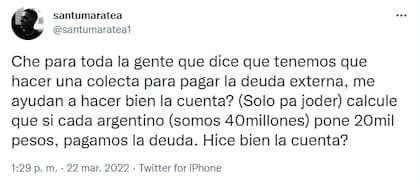 Santi Maratea le pidió ayuda a sus seguidores para sacar la cuenta de cuánto dinero debería poner cada argentino para pagar la deuda externa (Foto: Twitter)