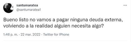 Santi Maratea le pidió ayuda a sus seguidores para sacar la cuenta de cuánto dinero debería poner cada argentino para pagar la deuda externa (Foto: Twitter)