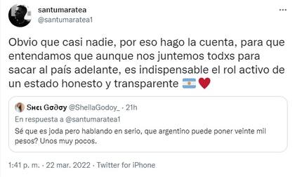 Santi Maratea le pidió ayuda a sus seguidores para sacar la cuenta de cuánto dinero debería poner cada argentino para pagar la deuda externa (Foto: Twitter)