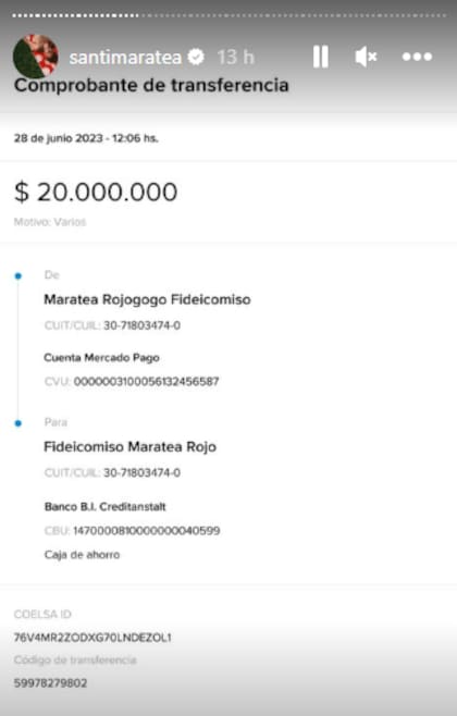 Santi Maratea mostró en su cuenta de Instagram cada una de las transferencias que le hizo a Independiente