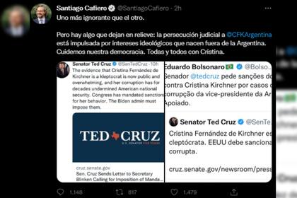 Santiago Cafiero tuiteó en defensa de Cristina Kirchner (Captura Twitter)