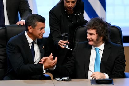 Santiago Pena y Javier Milei (Photo by Luis ROBAYO / AFP)