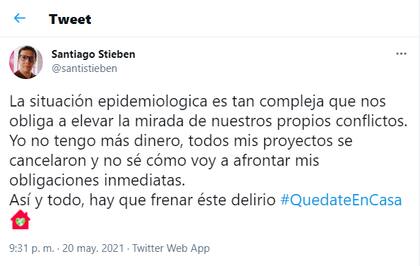 Santiago Stieben habló de su situación económica en Twitter