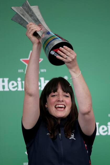 SAO PAULO, BRAZIL - NOVEMBER 17: Red Bull Racing Senior Strategy Engineer Hannah Schmitz celebrates on the podium during the F1 Grand Prix of Brazil at Autodromo Jose Carlos Pace on November 17, 2019 in Sao Paulo, Brazil. (Photo by Charles Coates/Getty Images)