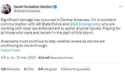 Sarah Huckabee Sanders, gobernadora de Arkansas, informó a través de su cuenta de Twitter que hay "daños significativos" en el centro del estado