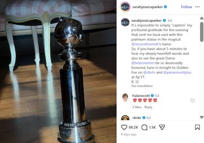 Sarah Jessica Parker recibió el premio Carol Burnett en los Globo de Oro por su trayectoria televisiva (Instagram: @sarahjessicaparker)