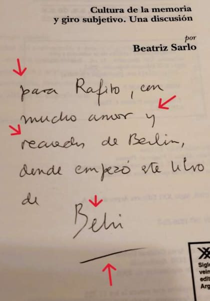 Sarlo le decía a Rafito a Filippelli; imagen de una dedicatoria de "Tiempo pasado"