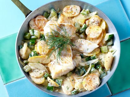 Sartén de bacalao con salsa de mostaza