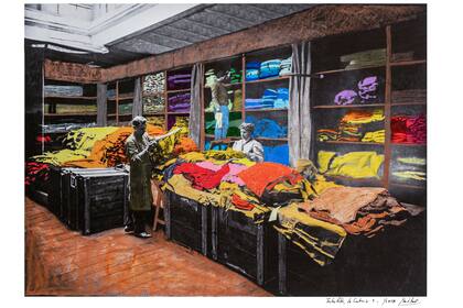 Intervención de Marcelo Brodsky sobre una foto del antiguo taller de sastrería