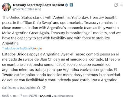 Scott Bessent anunció que el Tesosro de Estados Unidos volvió a comprar pesos en el mercado argentino