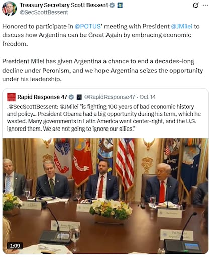 Scott Bessent luego de participar en la reunión con Donald Trump y Javier Milei (X: @SecScottBessent)