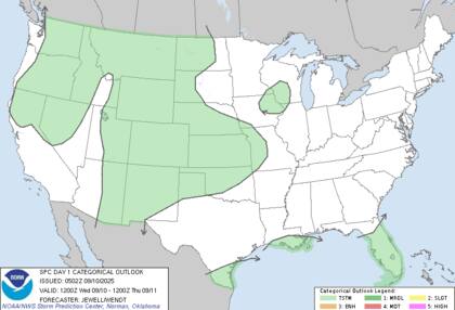Se anticipan chubascos dispersos en las Rocosas del norte, Wyoming, Nuevo México y Kansas, con la posibilidad de ráfagas de viento localmente intensas