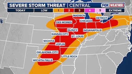 Se anticipan tormentas eléctricas severas con riesgos de tornados y granizo en las llanuras centrales y el noreste del país debido a un sistema frontal ondulado