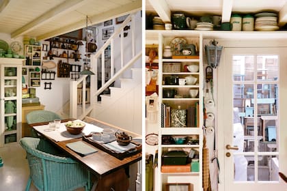 Se buscó que la cocina tenga el mismo espíritu del living, con el verde uniendo las piezas: una mesa con sillas de ratán en verde inglés de da un aspecto de la década del 30.