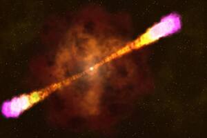 Se cree que los brotes de rayos gamma ocurren cuando colapsa una estrella masiva, forma un agujero negro y despide partículas hacia afuera a una velocidad cercana a la de la luz (NASA)
