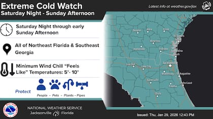 Se emitieron alertas de frío extremo desde la noche del sábado hasta la tarde del domingo en gran parte de Florida, en lugares como Jacksonville