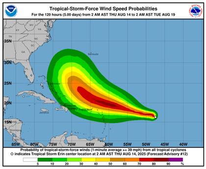 Se espera que Erin se convierta el domingo en un huracán mayor con vientes de 185 km/h (115 mph)
