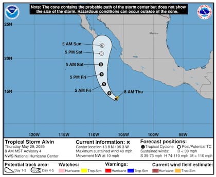 Se espera que la tormenta tropical Alvin debilite y se convierta en depresión para el domingo 1° de junio