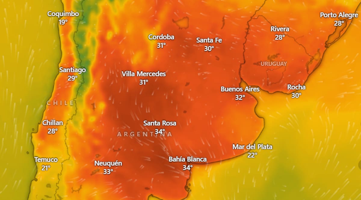 A temperatura máxima em Buenos Aires hoje, segunda-feira, 29 de dezembro, é de onda de calor