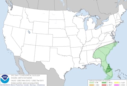 Se esperan chubascos y tormentas eléctricas dispersas en Florida, durante la mañana y la tarde del lunes 10 de marzo