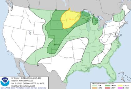 Se esperan tormentas severas en Dakota del Norte y Minnesota, con riesgo de granizo, vientos destructivos y tornados aislados