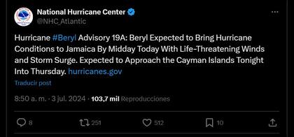 Se estima que el huracán Beryl pase por Jamaica este miércoles a la tarde, según el Centro Nacional de Huracanes de EE.UU.