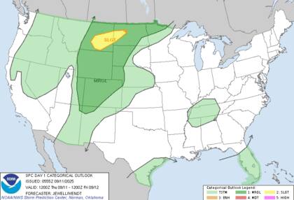 Se formará un corredor de tormentas severas desde el este de Montana hasta el oeste de Dakota del Norte, las cuales podrán estar acompañadas de granizo de tamaño considerable
