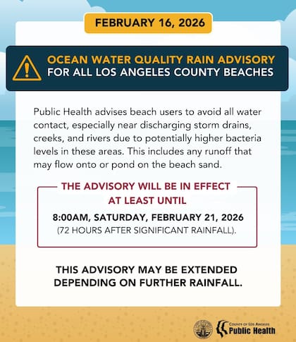 Se ha declarado una alerta de lluvia por la calidad del agua del océano para todas las playas del condado de Los Ángeles