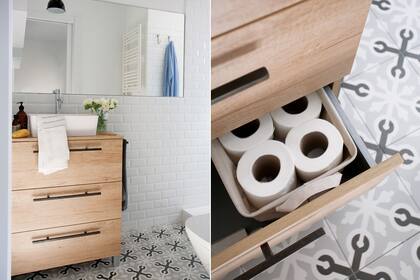 Se incorporó un mueble de madera con una bacha de apoyo y grifería ‘Galindo by Presto’. Espejo sin marco y toalla de hilo (Materia).