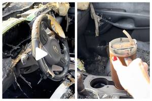 Se le incendió el auto, sobrevivió su vaso térmico Stanley y la marca le prometió un vehículo nuevo(TikTok)