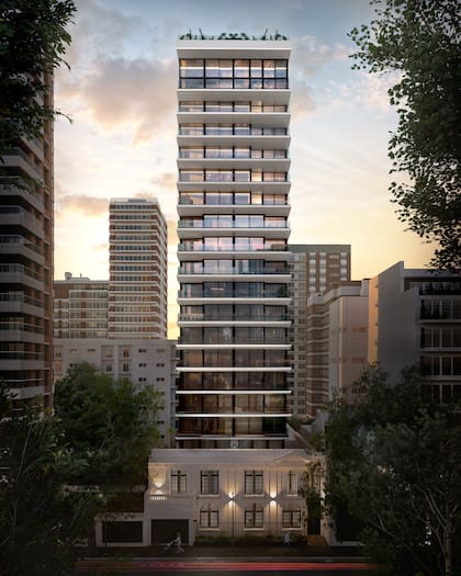 Se levanta sobre una histórica mansión neoclásica, que dialoga arquitectónicamente con un edificio contemporáneo