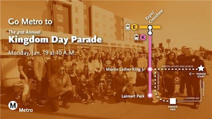 Se podrá tomar la Línea K hasta las estaciones MLK Jr. o Leimert Park, ambas en la ruta del desfile