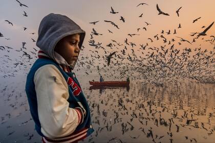 Mencion de Honor, Categoría Gente, la imagen es de Navin Vatsa, amanecer a lo largo de las orillas del río Yamuna en Delhi, India