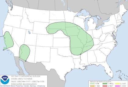 Se prevé el desarrollo de tormentas aisladas en las llanuras del norte y del centro que, durante la tarde y la noche, se expandirán hacia el valle medio y bajo del Mississippi