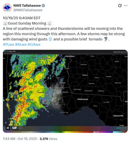 Se prevé para este 19 de octubre lluvias y tormentas eléctricas en Tallahassee