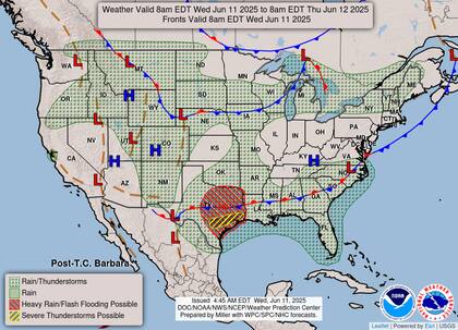 Se prevén acumulados de 50 a 150 mm en zonas del centro este de Texas, con riesgo de inundaciones urbanas y rurales