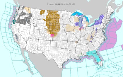 Se pronostica nieve por efecto lago a sotavento de los Grandes Lagos hasta el jueves, a lo largo y detrás del frente ártico