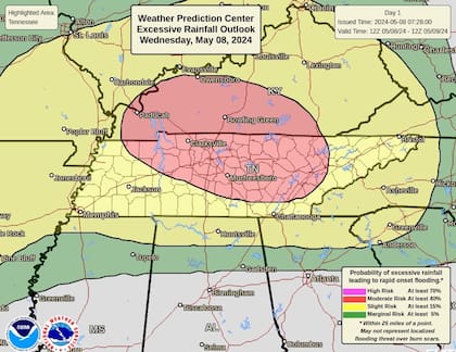 Se pronostica para este miércoles un riesgo moderado (nivel 3/4) de precipitaciones excesivas en partes de Kentucky y Tennessee