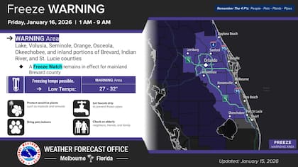 Se pronostican temperaturas gélidas en gran parte del centro-este de Florida desde esta noche hasta la madrugada del viernes