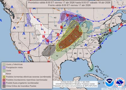 Se pronostican tormentas eléctricas severas, tornados y granizo de gran tamaño en el Medio Oeste y las llanuras centrales, junto con un riesgo significativo de inundaciones repentinas debido a lluvias intensas
