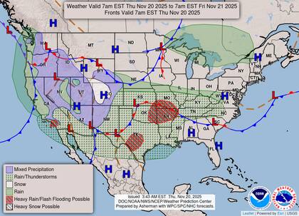 Se proyecta una franja extensa entre el Río Grande, en el extremo sur de Texas, y el valle del Mississippi, en Missouri, con acumulados generales de una a cuatro pulgadas (2,5 a 10 cm) de lluvia