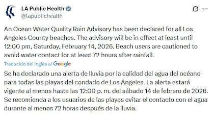 Se recomienda a los usuarios de las playas evitar el contacto con el agua durante al menos 72 horas después de la lluvia