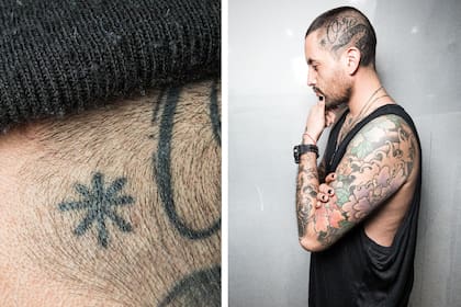 Se tatuó la cara de su padre, el nombre de su madre y de sus abuelos. También tiene dibujos en honor a sus perras.